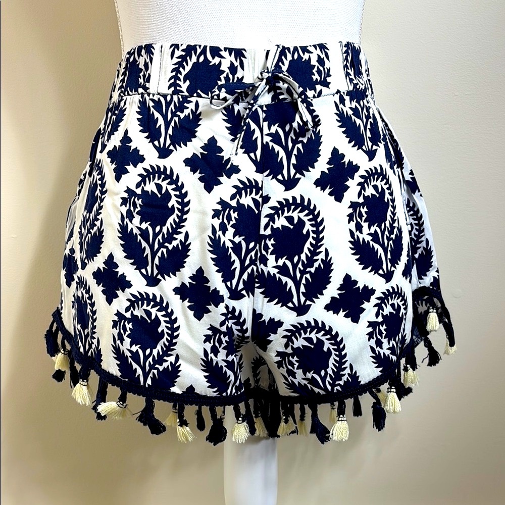 NWOT Blue and White Shorts with Tassel Trim